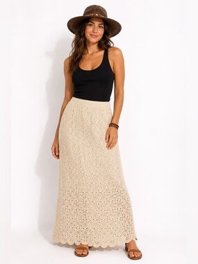 Stitch + Feather Crochet Maxi Skirt small cream ivory festival coastal cotton
